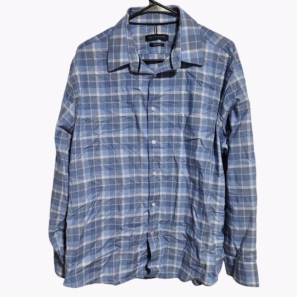Tommy Hilfiger Button Front Shirt Mens Size XL Stretch Blue Long Sleeve Plaid - Picture 1 of 7